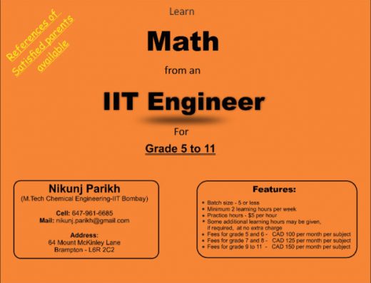 BRAMPTON-Math Tutor (IIT Engineer) for Grade 5 to 11